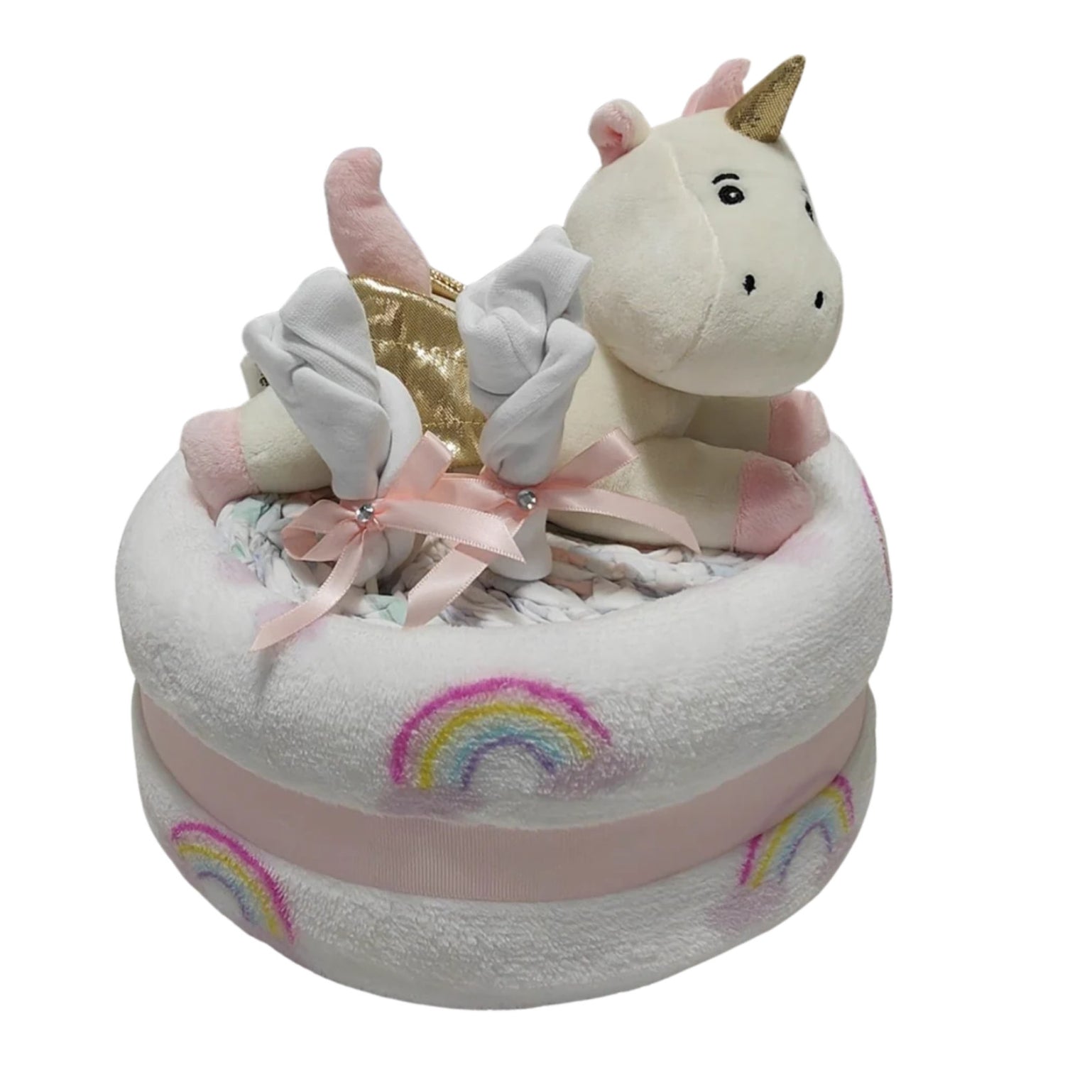 unicorn pink nappy cake baby girl gift with rolled nappies ribbons and plush unicorn toy