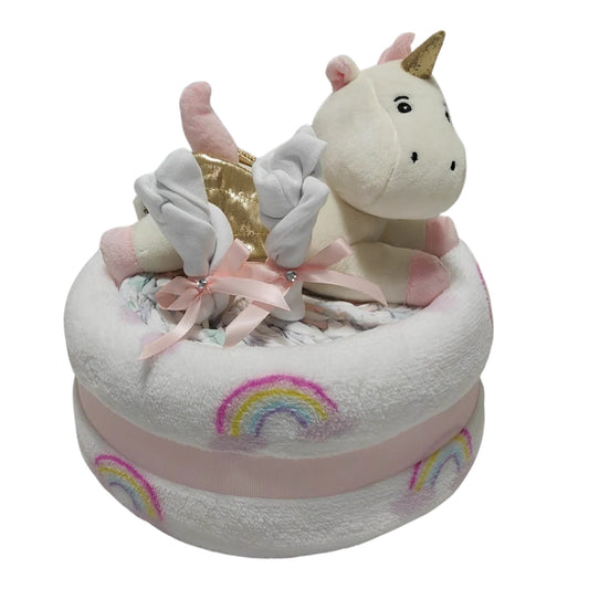 unicorn pink nappy cake baby girl gift with rolled nappies ribbons and plush unicorn toy