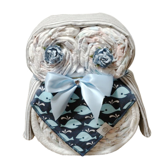 owl nappy cake whales baby gift with rolled nappies ribbons and plush owl toy for newborn