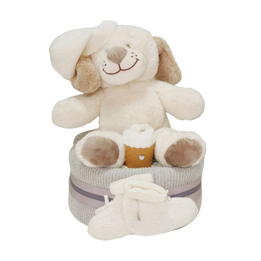 beautiful white puppy nappy cake limited edition newborn baby gift featuring nappies ribbons and plush toy