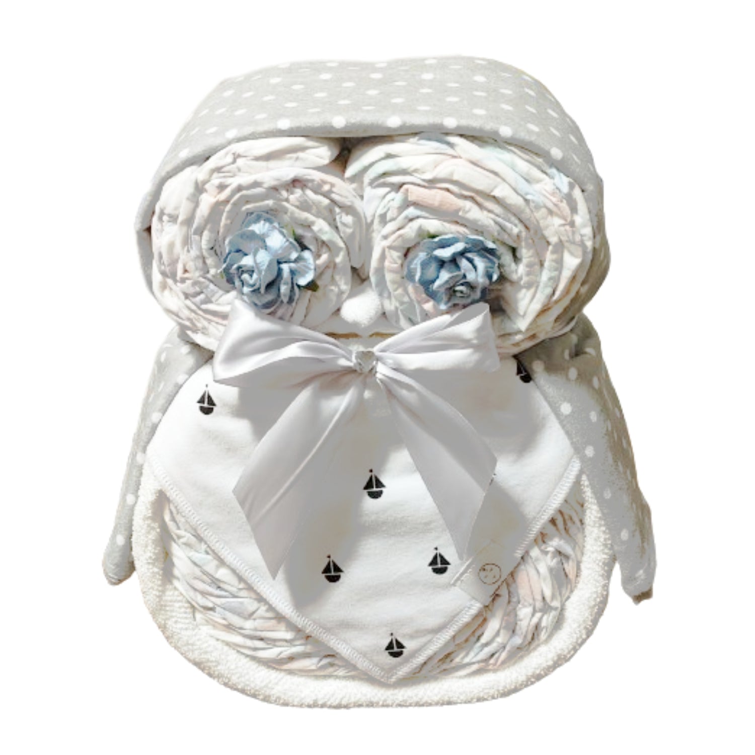 owl nappy cake white with boats baby gift featuring rolled nappies ribbons and plush owl toy