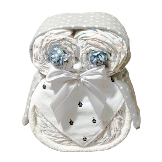 owl nappy cake white with boats baby gift featuring rolled nappies ribbons and plush owl toy