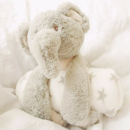 Owen the elephant with fleece blanket - Nappie Cakes