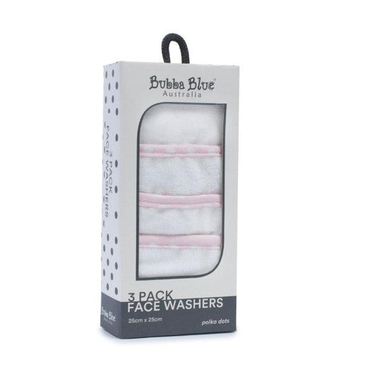 Bubba Blue | Pink Polka Dots 3pk Face Washers - Nappie Cakes