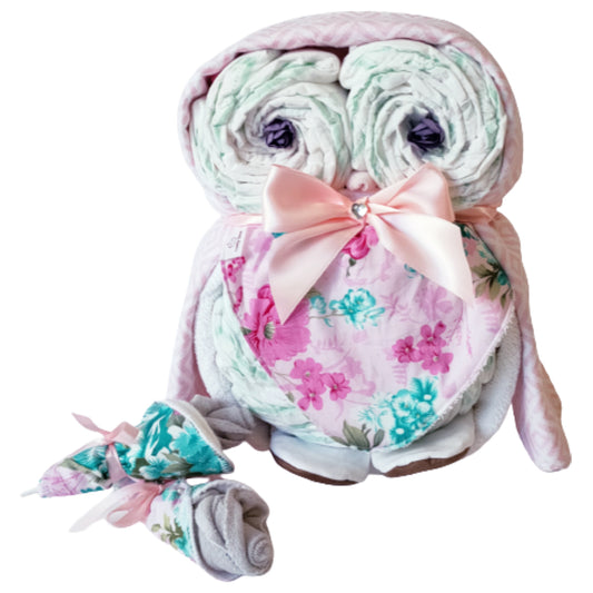 Nappy Cake Owl with bootie and nursing pads | Darcy - Nappie Cakes