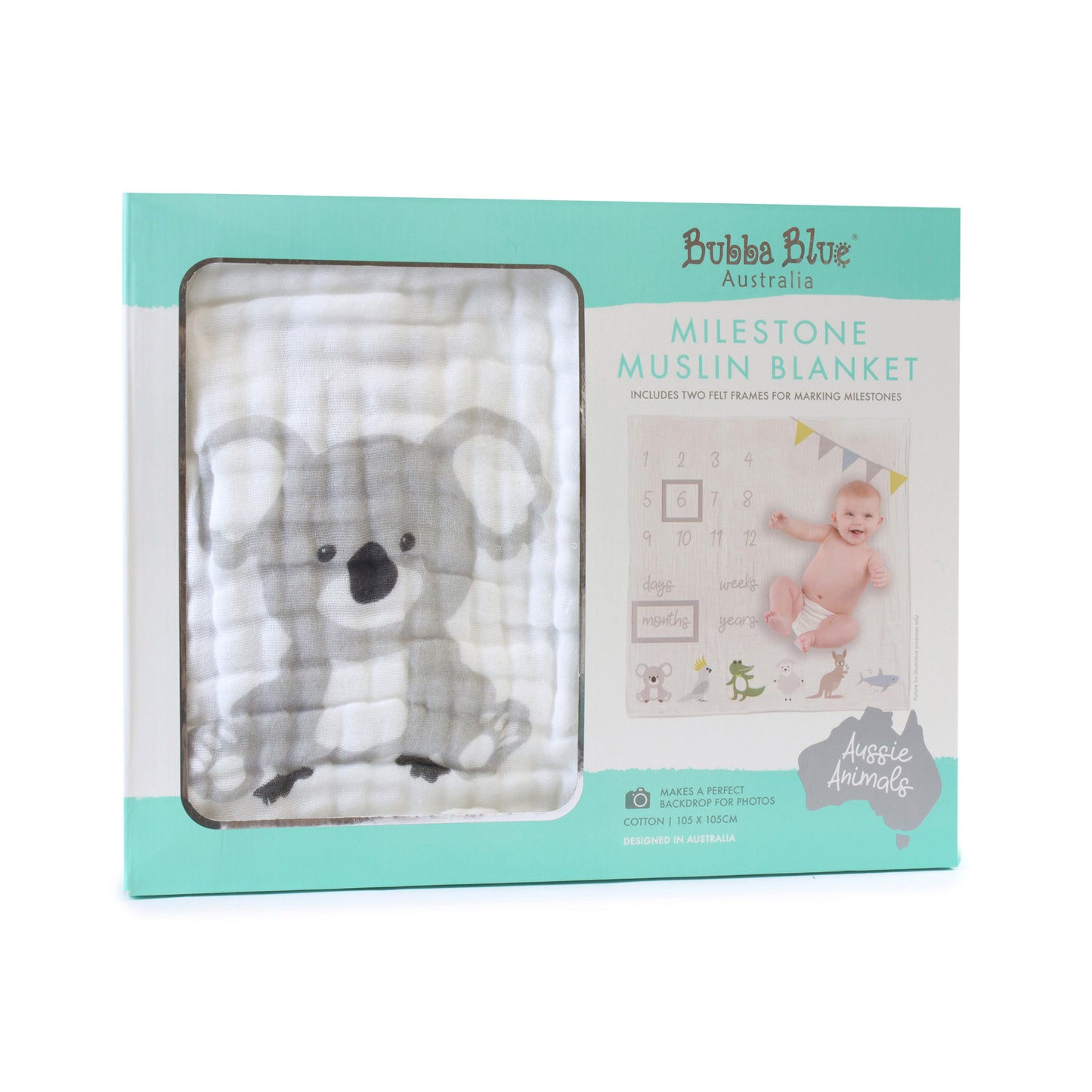 Bubba Blue Aussie Animals baby milestone muslin blanket in original retail display packaging.