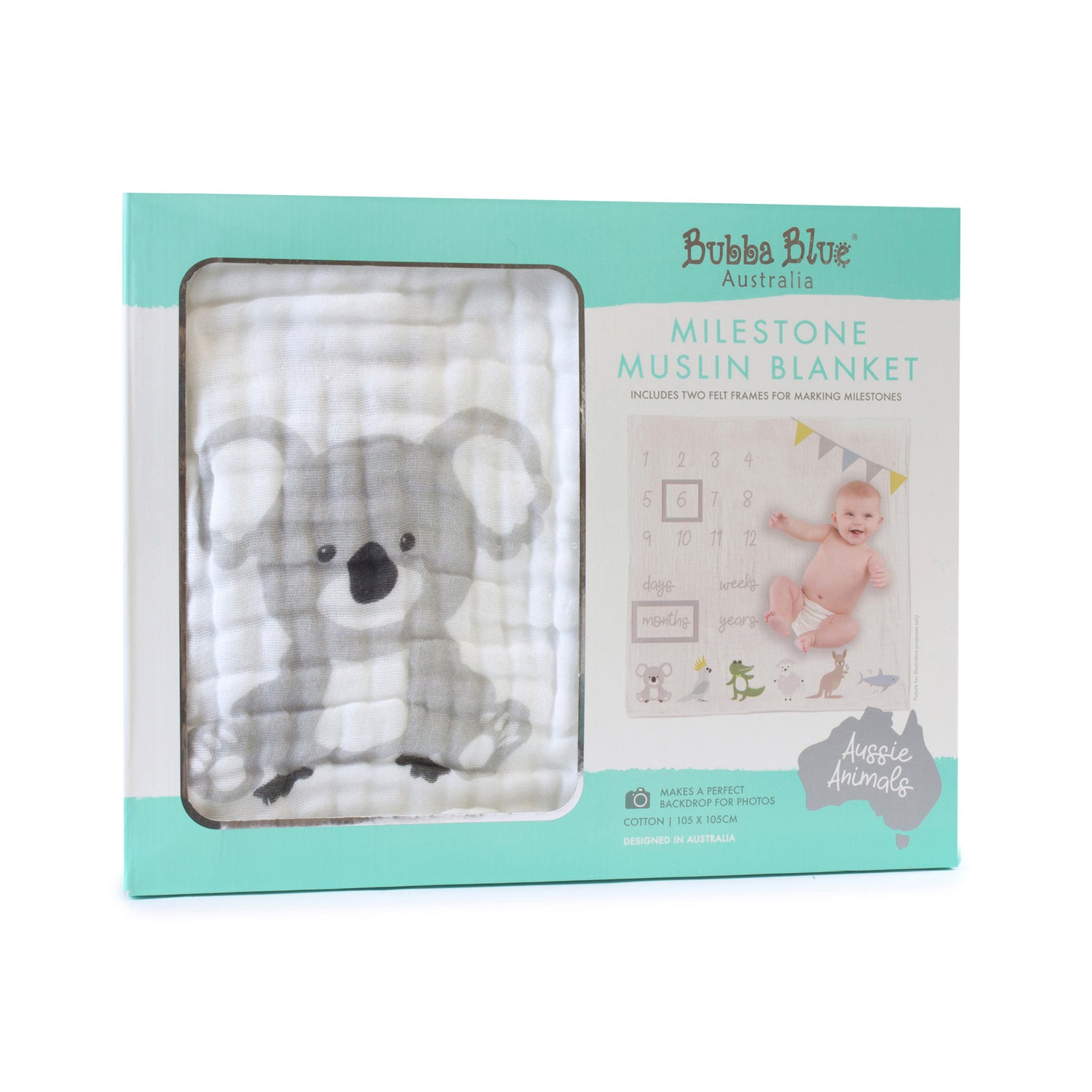 Bubba Blue Aussie Animals baby milestone muslin blanket in original retail display packaging.