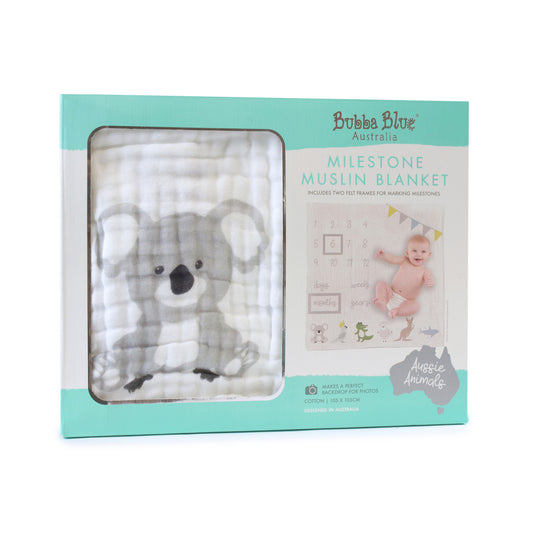 Bubba Blue Aussie Animals baby milestone muslin blanket in original retail display packaging.
