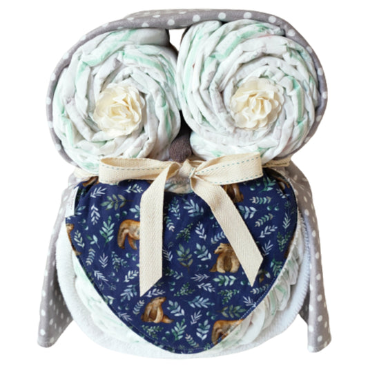 Blue bear owl nappy cake baby gift set featuring Nappy Terry Towel, Receiving Blanket and Handmade Bib .