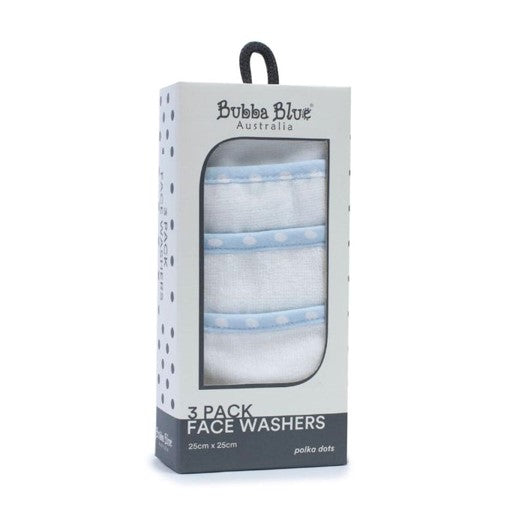 Bubba Blue | Blue Polka Dots 3pk Face Washers - Nappie Cakes