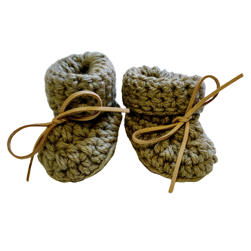 handmade newborn baby booties in brown soft knitted baby gift with adorable design