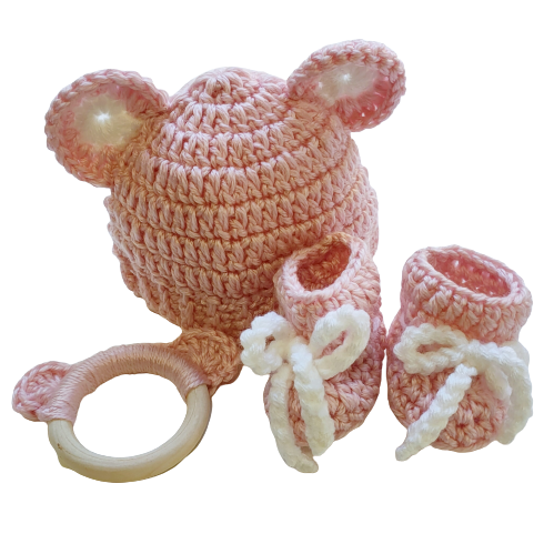 handmade baby set pink featuring knitted hat tether and booties newborn gift for baby girl
