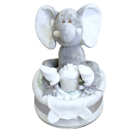 Ellie silver 1-tier baby elephant nappy cake gift set featuring a soft grey plush elephant, infant hat, silver ribbon bows.