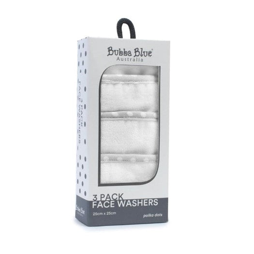 Bubba Blue Australia 3-pack of white and grey polka dot baby face washers in original retail packaging.