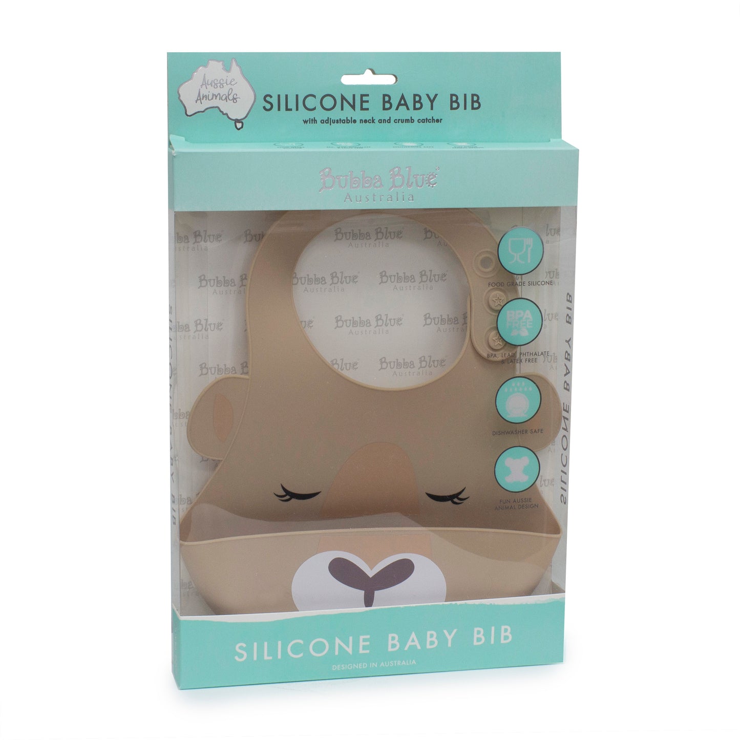 Bubba Blue Australia silicone baby bib in retail packaging featuring a kangaroo design and food-grade silicone construction.