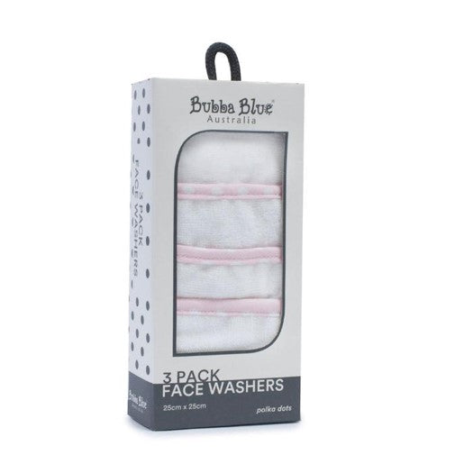 Bubba Blue Australia 3-pack of white and pink polka dot baby face washers in original retail packaging.