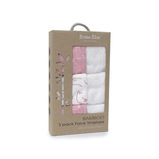 Bubba Blue Bamboo 3-pack baby face washers in Smokey Pink Safari print, displayed in eco-friendly cardboard retail packaging.