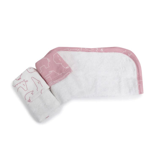 Smokey Pink Safari Bamboo baby face washers flat lay, highlighting the soft white terry cloth and pink animal print binding.