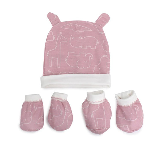 Smokey Pink Safari Bamboo 3-piece newborn layette set featuring an animal print baby beanie and matching mittens 