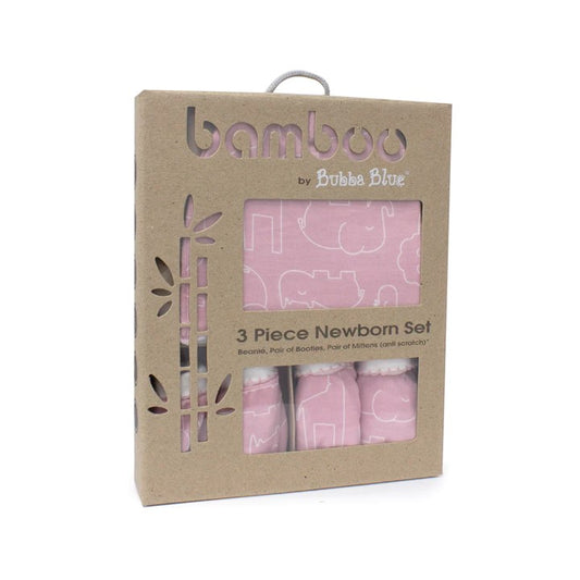 Bubba Blue Bamboo 3-piece newborn layette set in Smokey Pink Safari pattern displayed in original cardboard retail packaging.